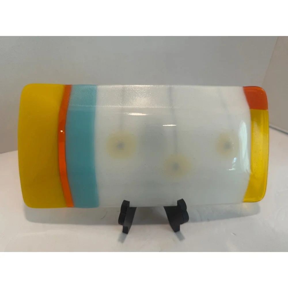 Handmade Fused Glass Rectangular Tray Yellow Flowers MCM Style Decor 9.75x4.75